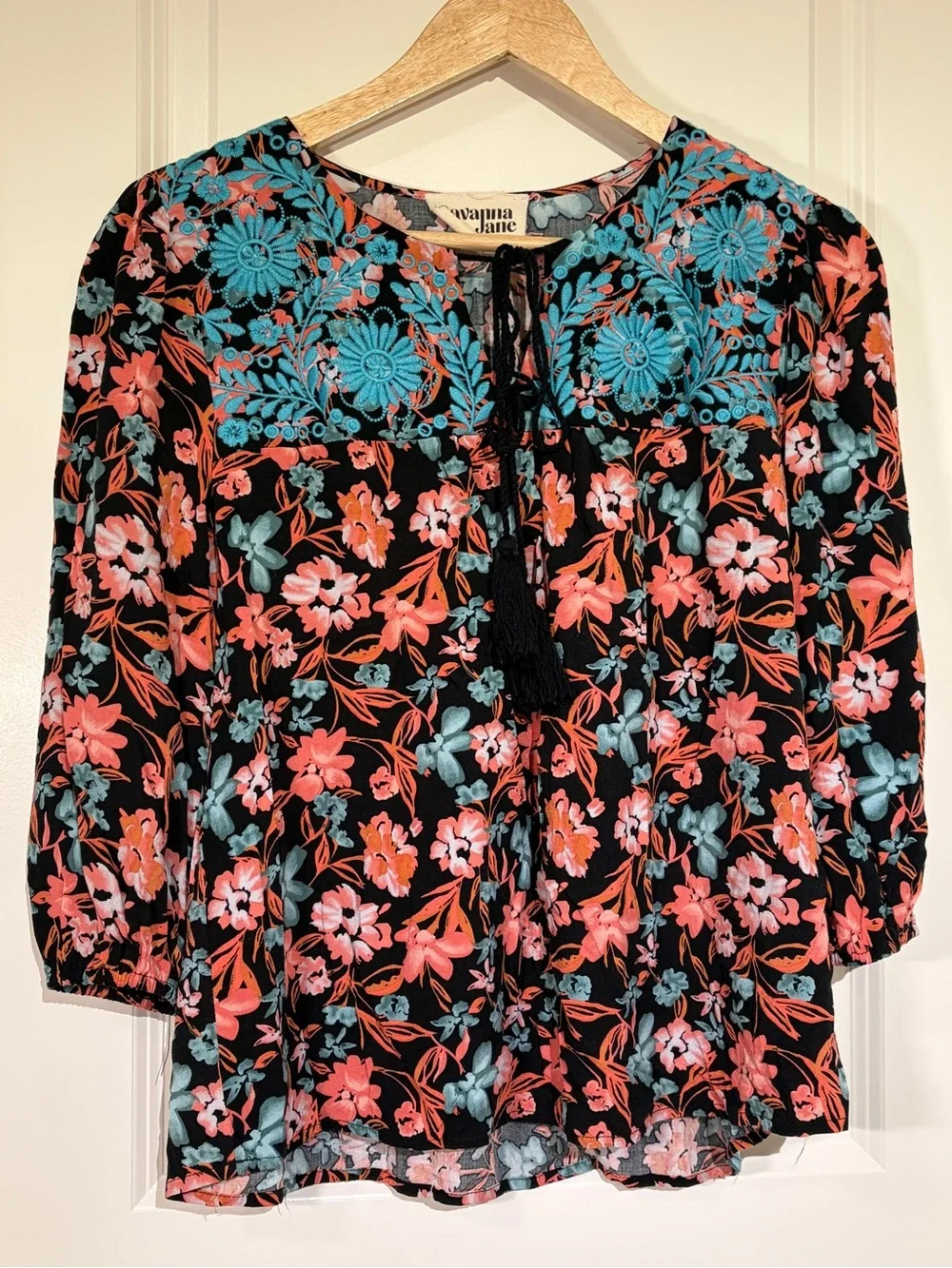 Savannah Jane Boho Embroidered Floral Peasant Blouse Black Coral Blue Small